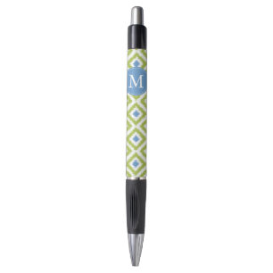 Monogrammed Green and Blue Diamonds Ikat Pattern Pen