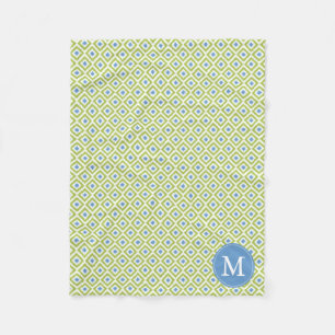 Monogrammed Green Blue Diamonds Ikat Pattern Fleece Deken