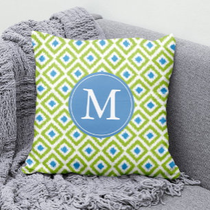 Monogrammed Green Blue Diamonds Ikat Pattern Kussen