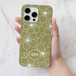 Monogrammed Green Floral Simple Line Art Pattern iPhone 15 Pro Max Hoesje