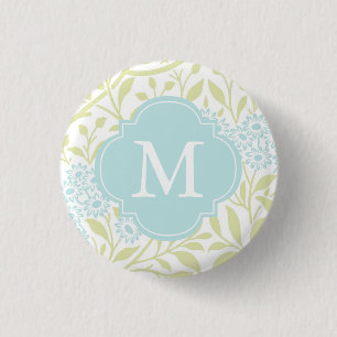 Monogrammed Green Mint Floral Damask Pattern Ronde Button 3,2 Cm