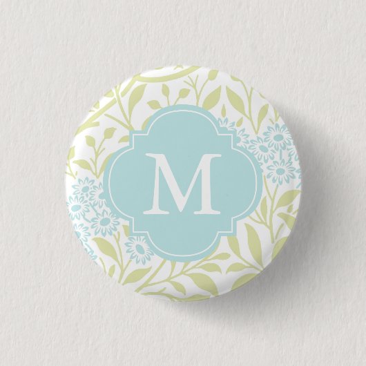 Monogrammed Green Mint Floral Damask Pattern Ronde Button 3,2 Cm (Voorkant)