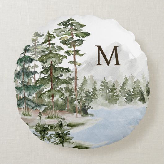 Monogrammed Green Pine Forest en het meer Rond Kussen (Voorkant)