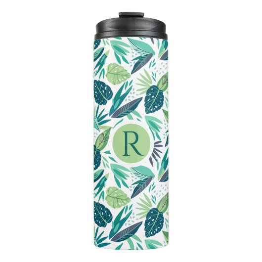 Monogrammed Green Tropical Leafs Pattern Thermosbeker (Voorkant)