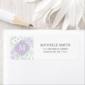 Monogrammed Green Violet Floral Damask Pattern Etiket (Insitu)