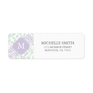Monogrammed Green Violet Floral Damask Pattern Etiket