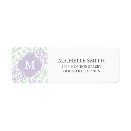 Monogrammed Green Violet Floral Damask Pattern Etiket (Voorkant)