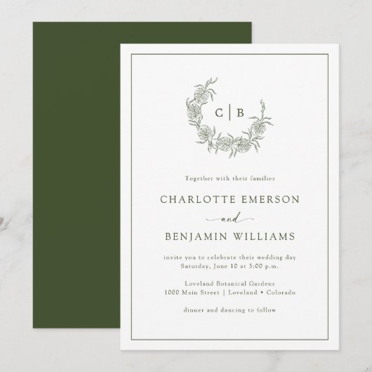Monogrammed Green Wedding Invitations Kaart (Voorkant / Achterkant)
