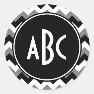 Monogrammed Grey Black and White Zigzag Ronde Sticker