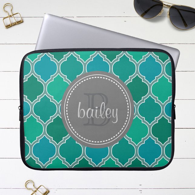 Monogrammed Grey Blauwgroen Modern Lattice Pattern Laptop Sleeve (Creator heeft geüpload)