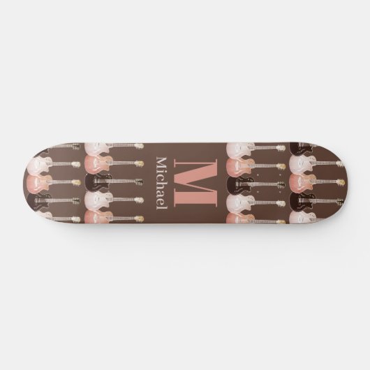 Monogrammed Guitar Pattern Brown Skateboard (Horizontaal)