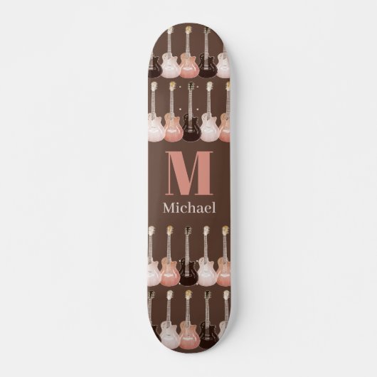 Monogrammed Guitar Pattern Brown Skateboard (Voorkant)