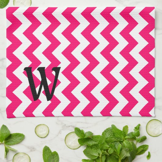 Monogrammed Helderroze Zigzag Theedoek (Gevouwen)