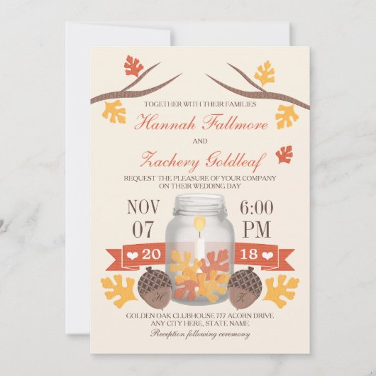 Monogrammed Herfst Leaf Mason Jar Wedding Kaart (Voorkant)