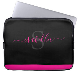 Monogrammed Hot Pink Black Script Laptop Sleeve