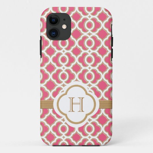 Monogrammed Hot Pink en Gold Moroccan Case-Mate iPhone Case (Achterkant)