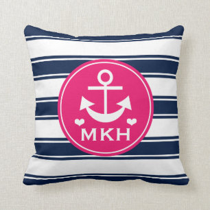 Monogrammed Hot Pink en Navy Blue Anchor Kussen