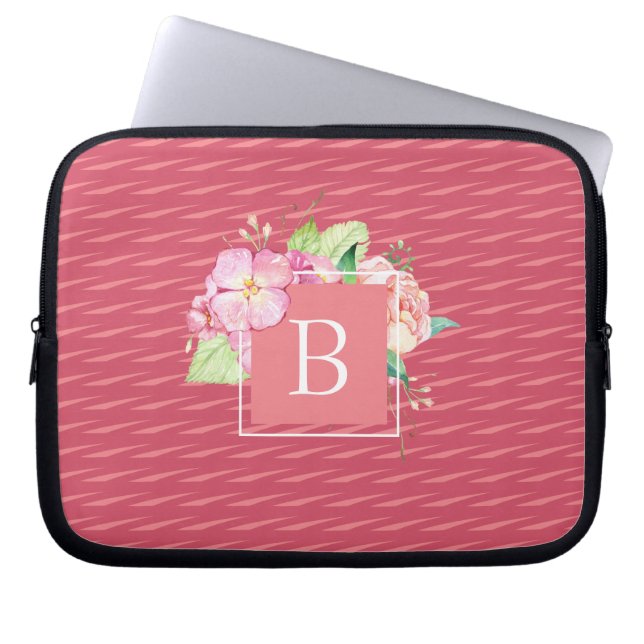 Monogrammed Initiaal Abstract & Roze koraal bloemi Laptop Sleeve (Voorkant)