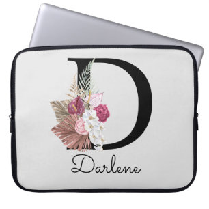 Monogrammed Initiaal D Moderne Roze Boho Bloemen Laptop Sleeve