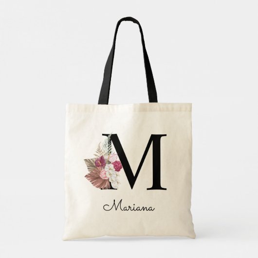 Monogrammed Initiaal M Pink Boho Floral Tote Bag (Achterkant)