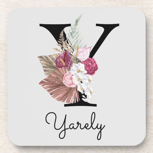 Monogrammed Initiaal Y Pink Boho Floral Bier Onderzetter (Voorkant)