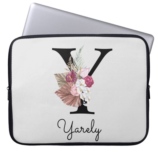 Monogrammed Initiaal Y Pink Boho Floral Laptop Sleeve (Voorkant)