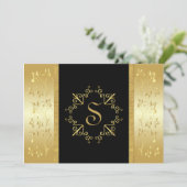 Monogrammed Invitation Black and Gold Floral Kaart (Staand voorkant)