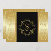 Monogrammed Invitation Black and Gold Floral Kaart (Voorkant / Achterkant)