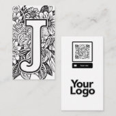 Monogrammed J Zwart en Wit Bloemen QR Code Logo Visitekaartje (Voorkant / Achterkant)
