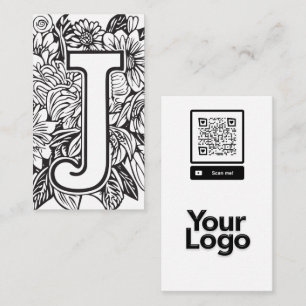 Monogrammed J Zwart en Wit Bloemen QR Code Logo Visitekaartje