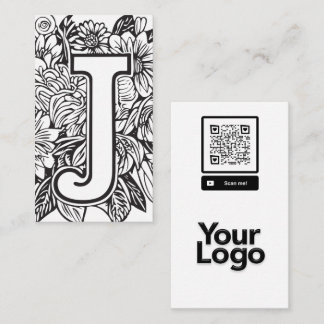 Monogrammed J Zwart en Wit Bloemen QR Code Logo Visitekaartje