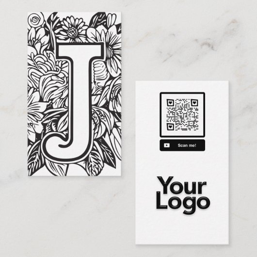 Monogrammed J Zwart en Wit Bloemen QR Code Logo Visitekaartje (Voorkant / Achterkant)