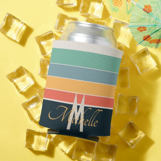 monogrammed jaren 70 retro Stripes Navy blauw en r Blikjeskoeler (Insitu Zomer)