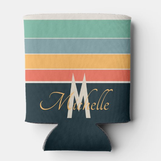 monogrammed jaren 70 retro Stripes Navy blauw en r Blikjeskoeler (Achterkant)