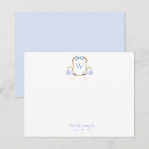 Monogrammed kam met Stork Baby jongen Bedankkaart