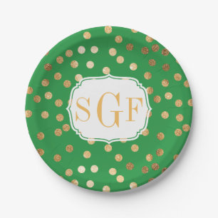 Monogrammed Kelly Green en Gold Glitter Stippen Papieren Bordje