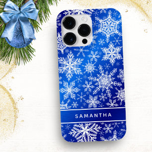 Monogrammed Kerstmis Blauw Wit Sneeuwvlokken Case-Mate iPhone 14 Pro Max Hoesje