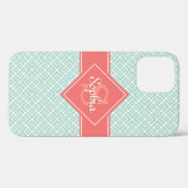 Monogrammed Koraal en Mint Diamond Pattern Case-Mate iPhone Case (Achterkant (horizontaal))