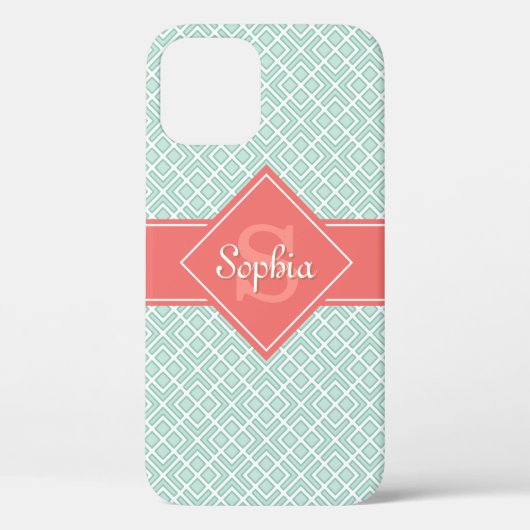 Monogrammed Koraal en Mint Diamond Pattern Case-Mate iPhone Case (Achterkant)