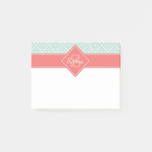 Monogrammed Koraal en Mint Diamond Pattern Post-it® Notes (Voorkant)