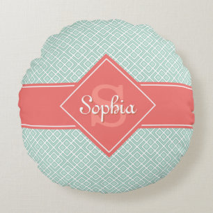 Monogrammed Koraal en Mint Diamond Pattern Rond Kussen