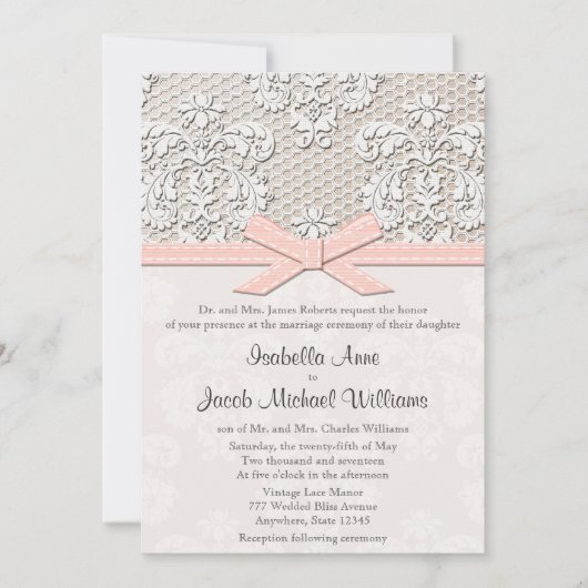 Monogrammed  Lace Wedding Invitations Pink Kaart (Voorkant)