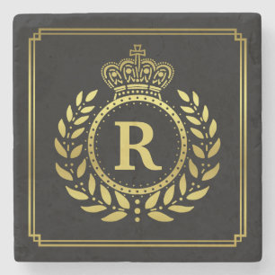 Monogrammed Laurel Wreath Crown Deco Black Gold Stenen Onderzetter