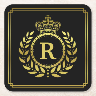 Monogrammed Laurel Wreath Crown Deco Black Gold Vierkante Kartonnen Onderzetter