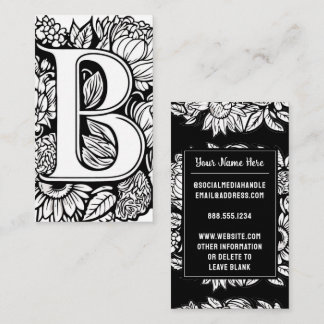 Monogrammed Letter B Zwart en wit Bloemen Visitekaartje