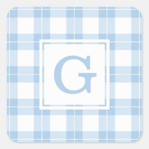 Monogrammed Lichtblauw en Wit geruite Patroon Vierkante Sticker