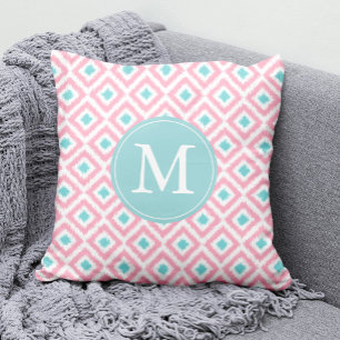 Monogrammed Light Pink Mint Diamonds Ikat Pattern Kussen