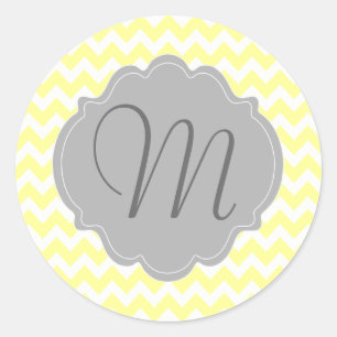 Monogrammed Light Yellow and Grey Chevron Pattern Ronde Sticker