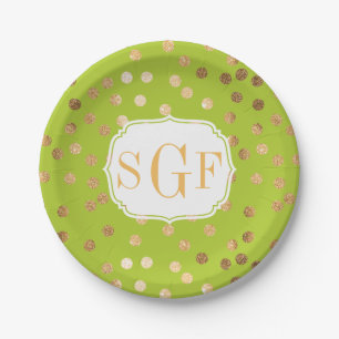 Monogrammed Lime Green en Gold Glitter Stippen Papieren Bordje