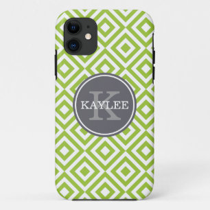 Monogrammed Lime Green Geometric Diamond Pattern iPhone 11 Hoesje